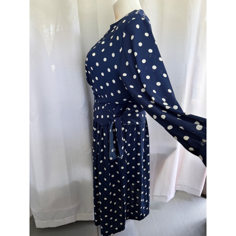 Vintage Chaus Navy Blue Polka Dot Skirt Set 2 Piece Blouse Midi Skirt Women 16 - Picture 3 of 7